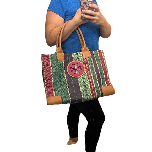 Tory Burch Striped Ella Tote Bag Leather and Coated Canvas pink LARGE LOGO - Picture 9 of 9